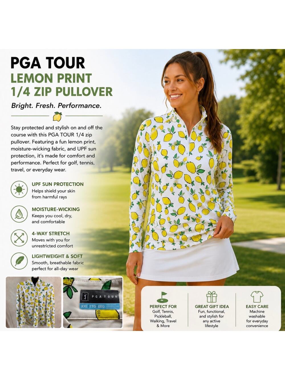 PGA Tour Lemon Print 1/4 Zip Long Sleeve Golf Sun Shirt Tech Top Women's XXL